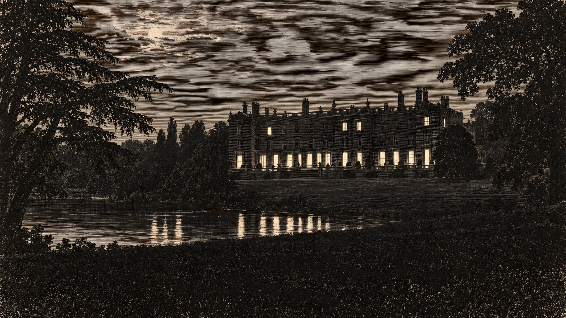 A mansion by moonlight, its lit windows reflected in a lake