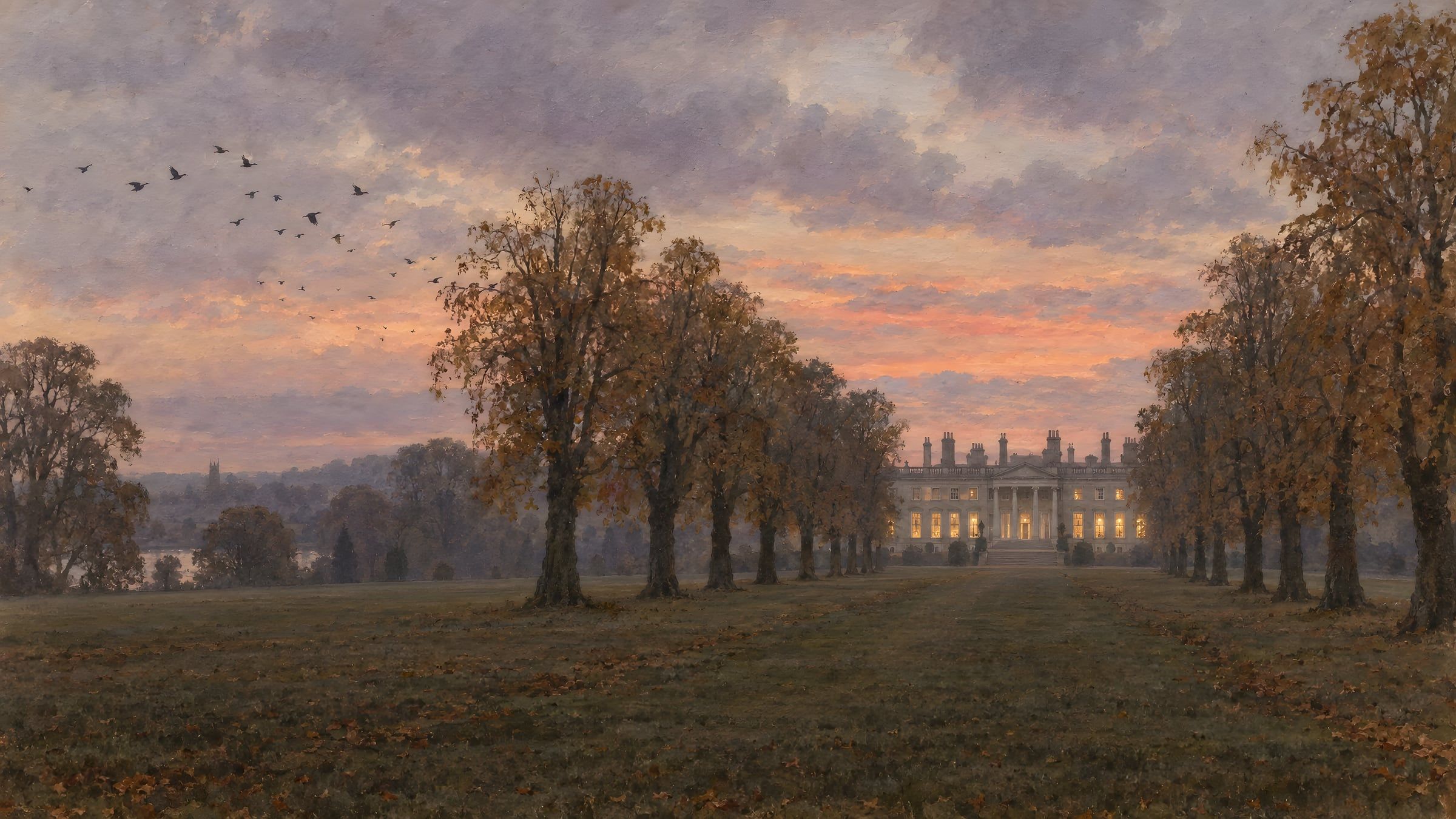 An autumn avenue at dusk leading to a lit mansion