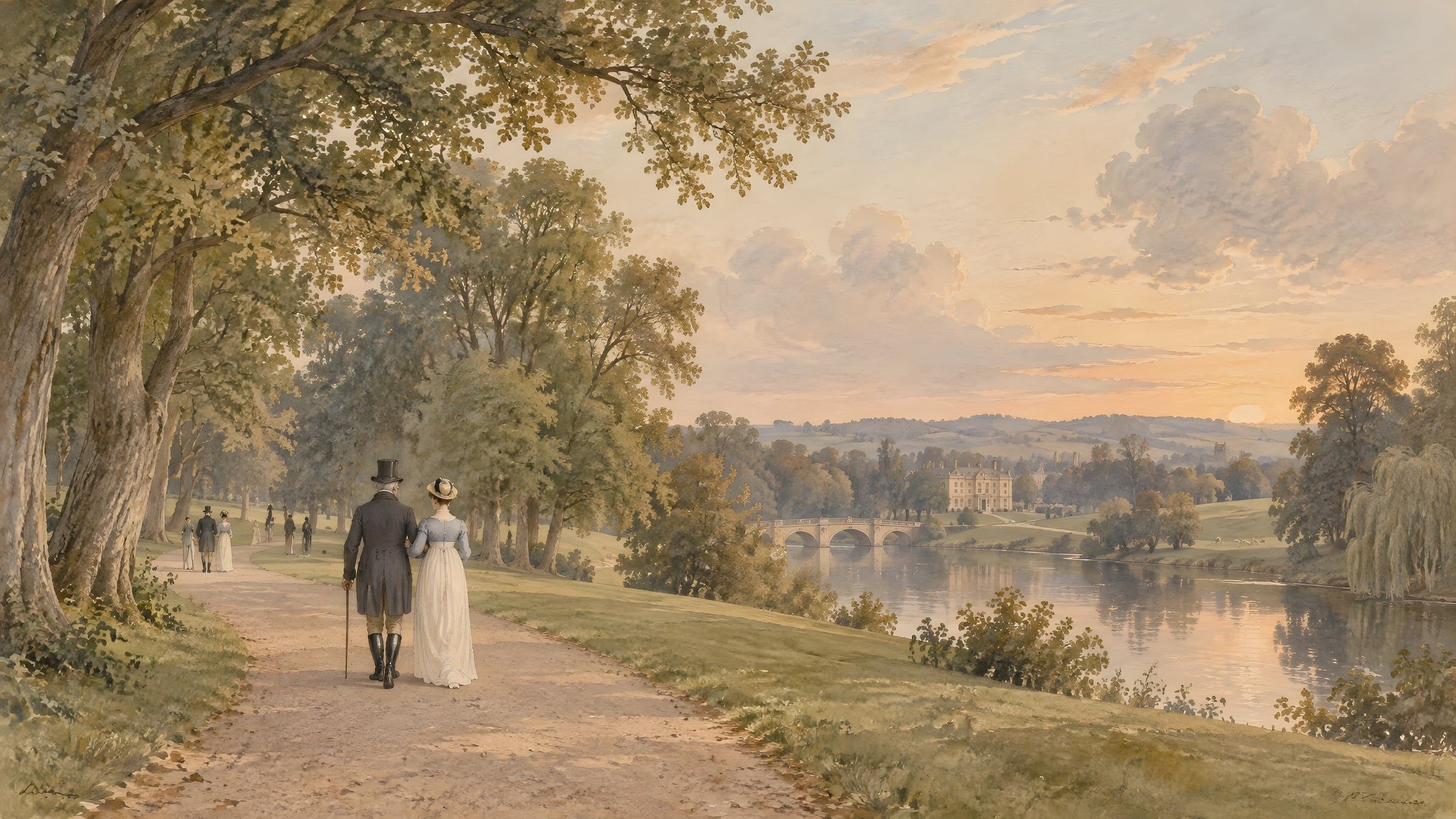 A couple in Regency dress walking by a river at sunset