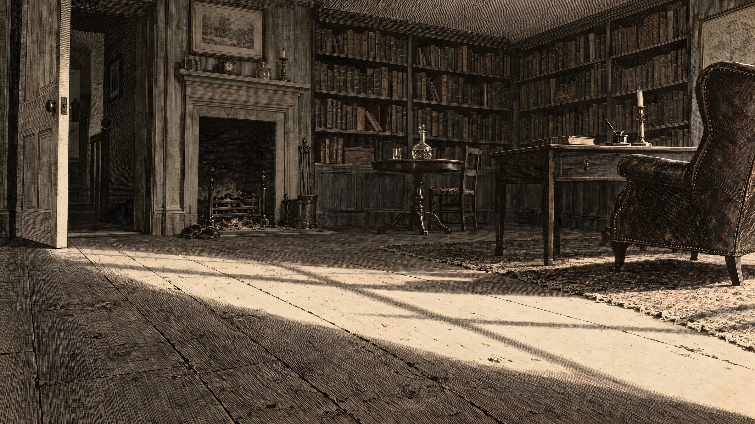 An empty library in sunlight, light falling across the floor