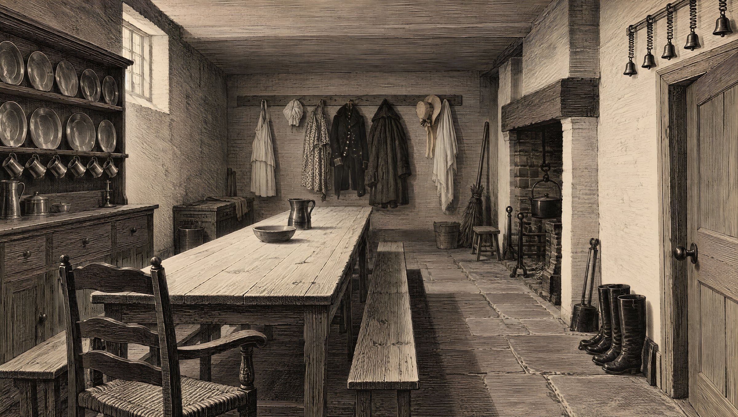 An empty servants' hall with a long table, a dresser and pegs