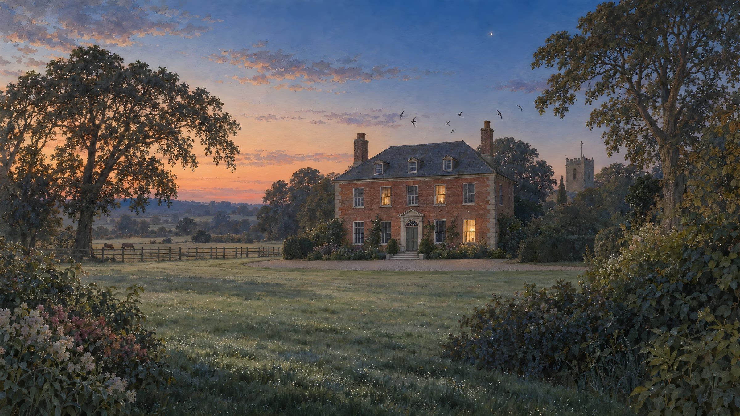 A red-brick Georgian house across a lawn at dusk, the first star overhead