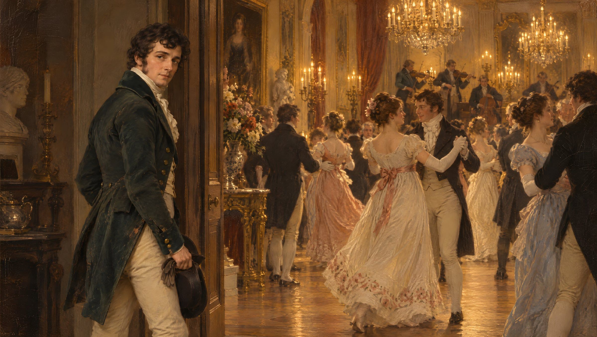 A couple dancing in a Regency ballroom under chandeliers